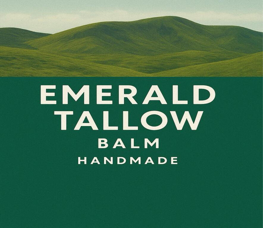 Emerald Tallow Balm logo featuring bold cream text on a green background with Irish hills, emphasising handmade, natural skincare.